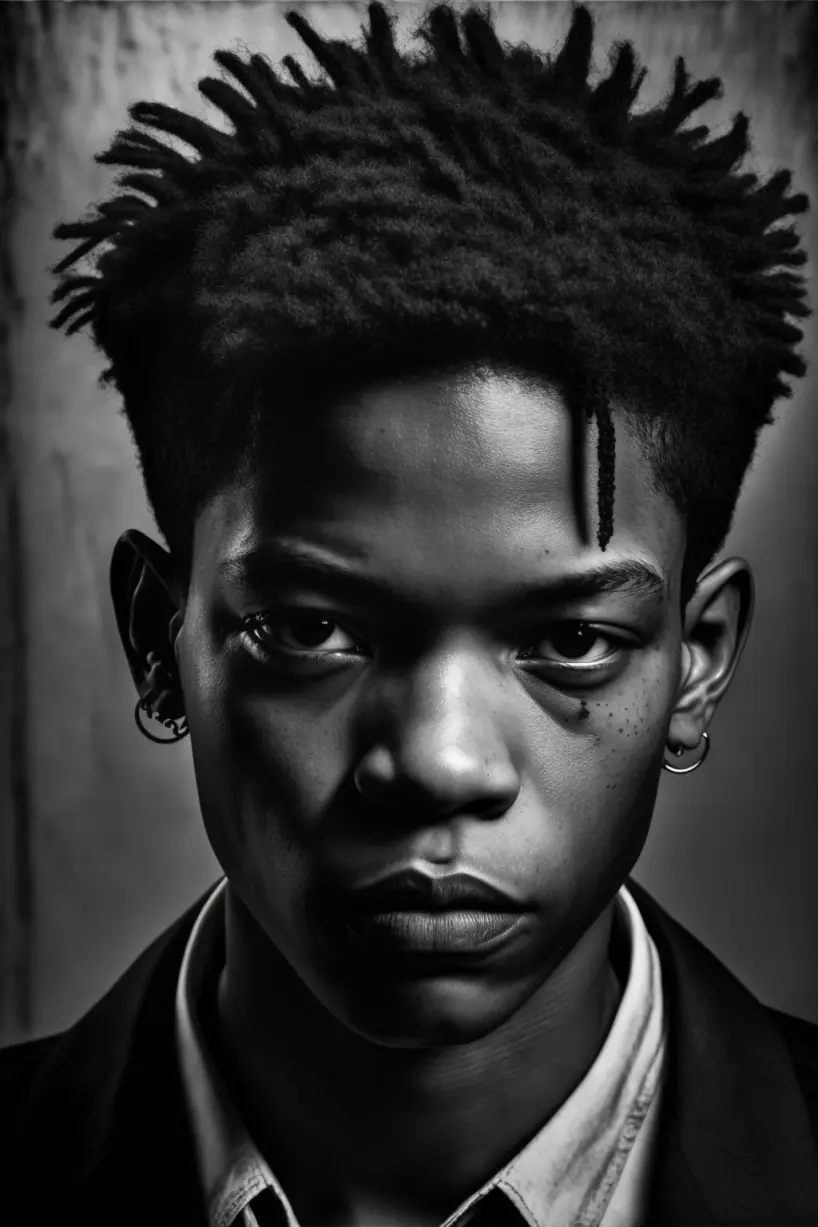 Jean-Michel Basquiat, half body, black and white portrait photography, depth of field, f2.8, 50mm lens, exquisite detail, hdr, deep shadows, award-winning photography, high-sharpness